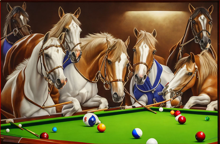 Illustration of seven expressive horses around billiards table