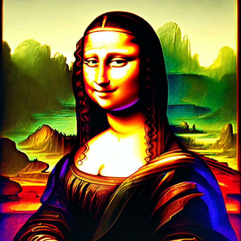 Vividly colored Mona Lisa in strong contrast against idyllic landscape