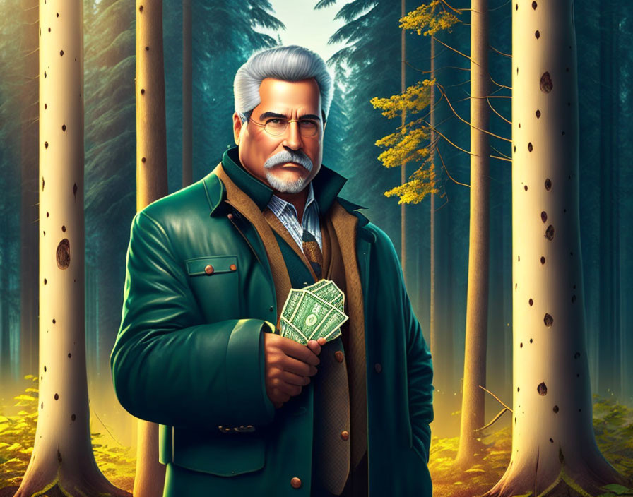 Elderly man with white hair and beard holding money in green coat forest scene