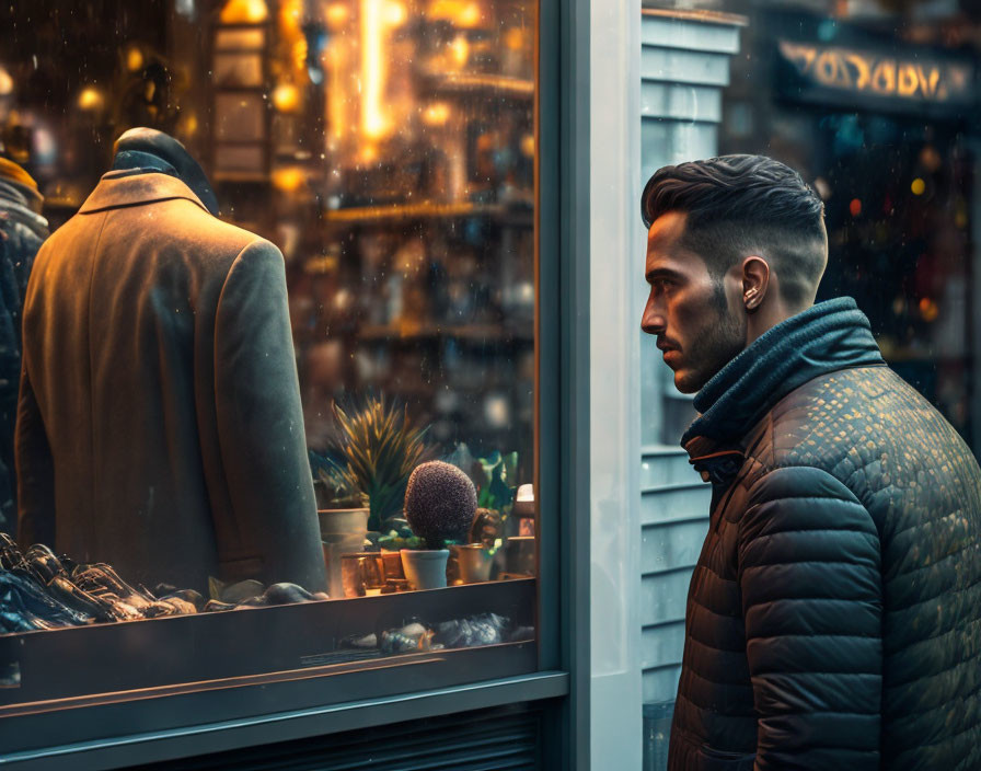 Man in blue jacket gazes at shop window display on rainy evening