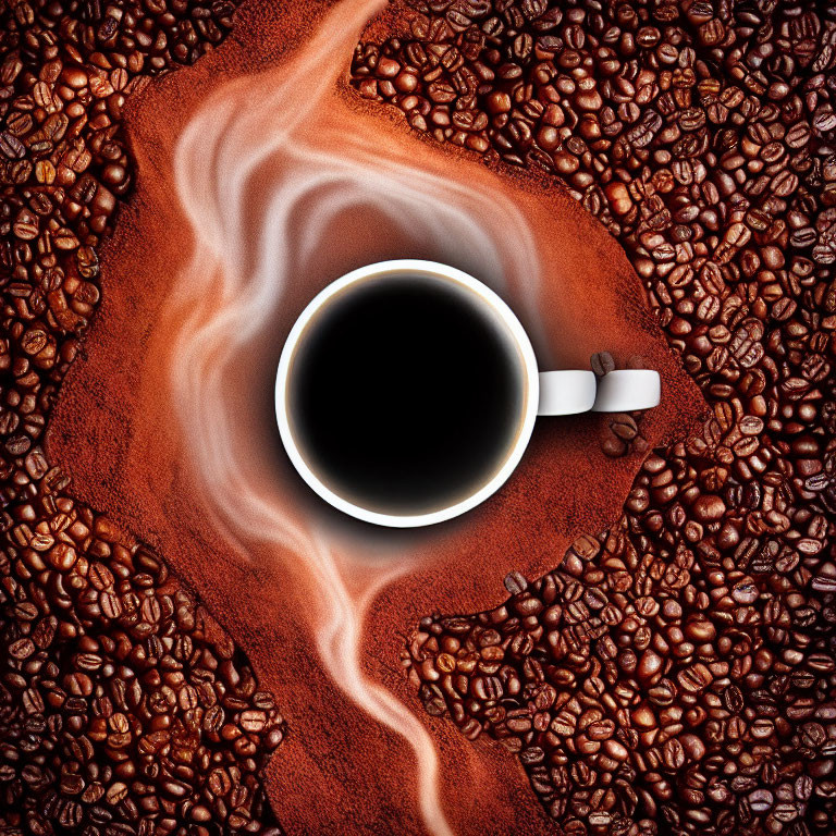 White coffee cup overflowing with black liquid amidst coffee beans