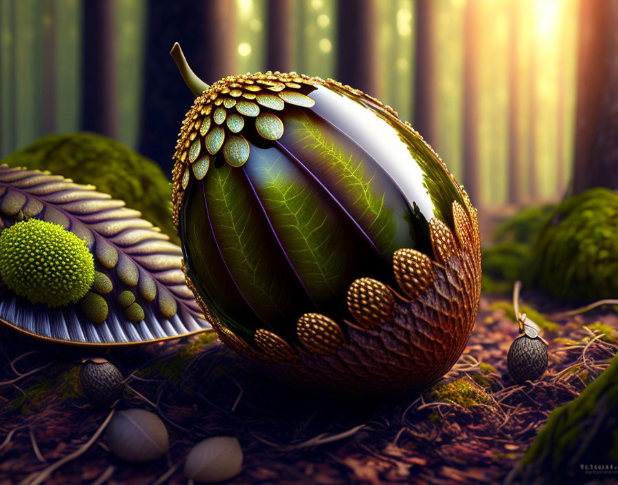 Shiny, leaf-scaled egg in mystical forest with golden accents