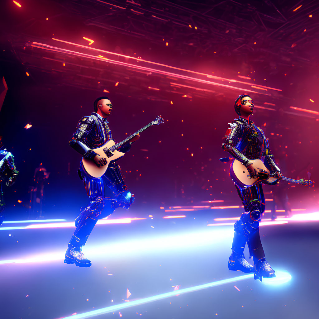 Futuristic musicians in illuminated costumes playing guitars on stage