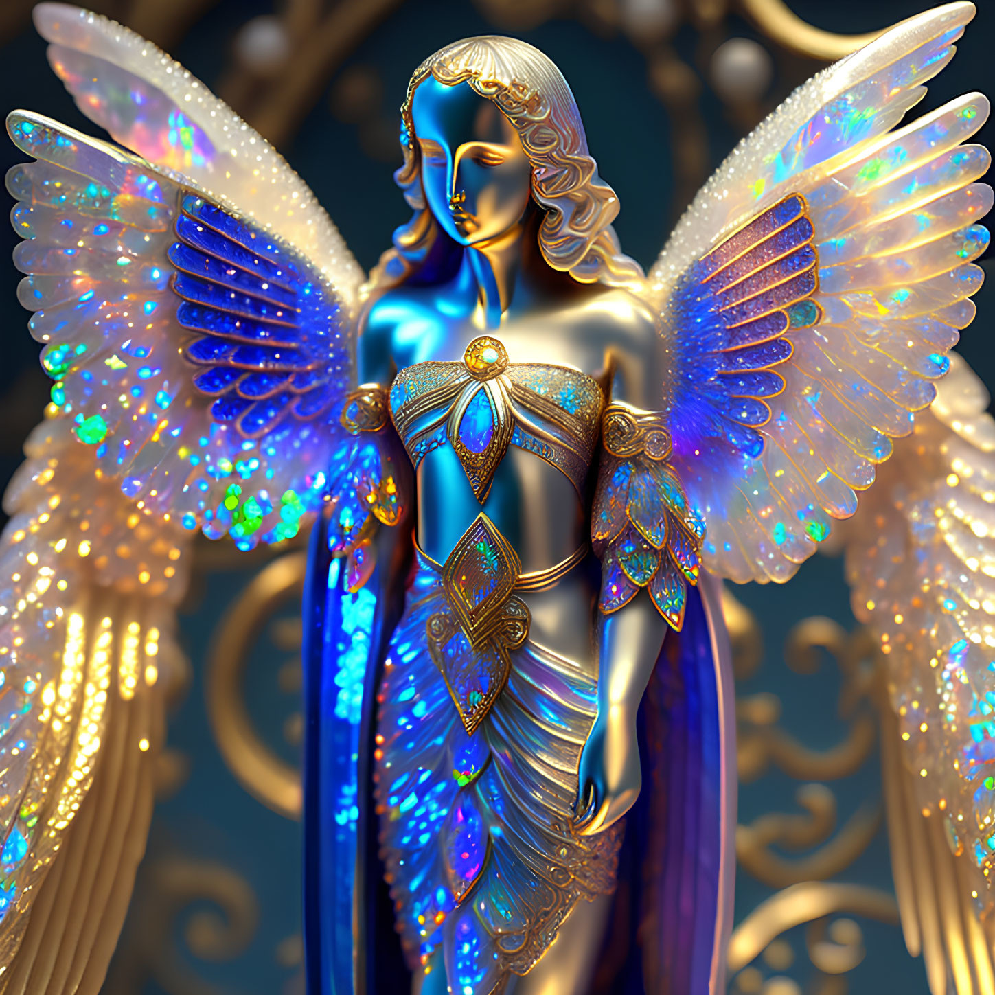 Iridescent angel statue with intricate wings and golden accents