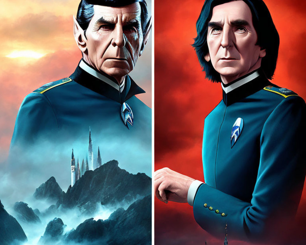 Two Male Sci-Fi Characters in Blue Uniforms with Pointed Ears