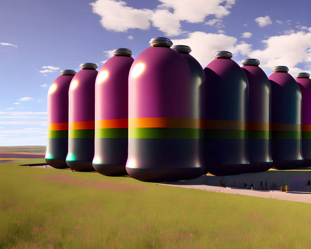 Vibrant spray paint cans in open field under blue skies