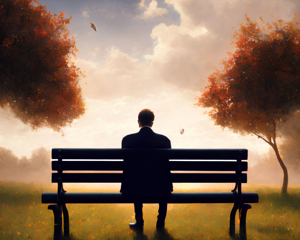 Person Contemplating Autumn Landscape on Park Bench