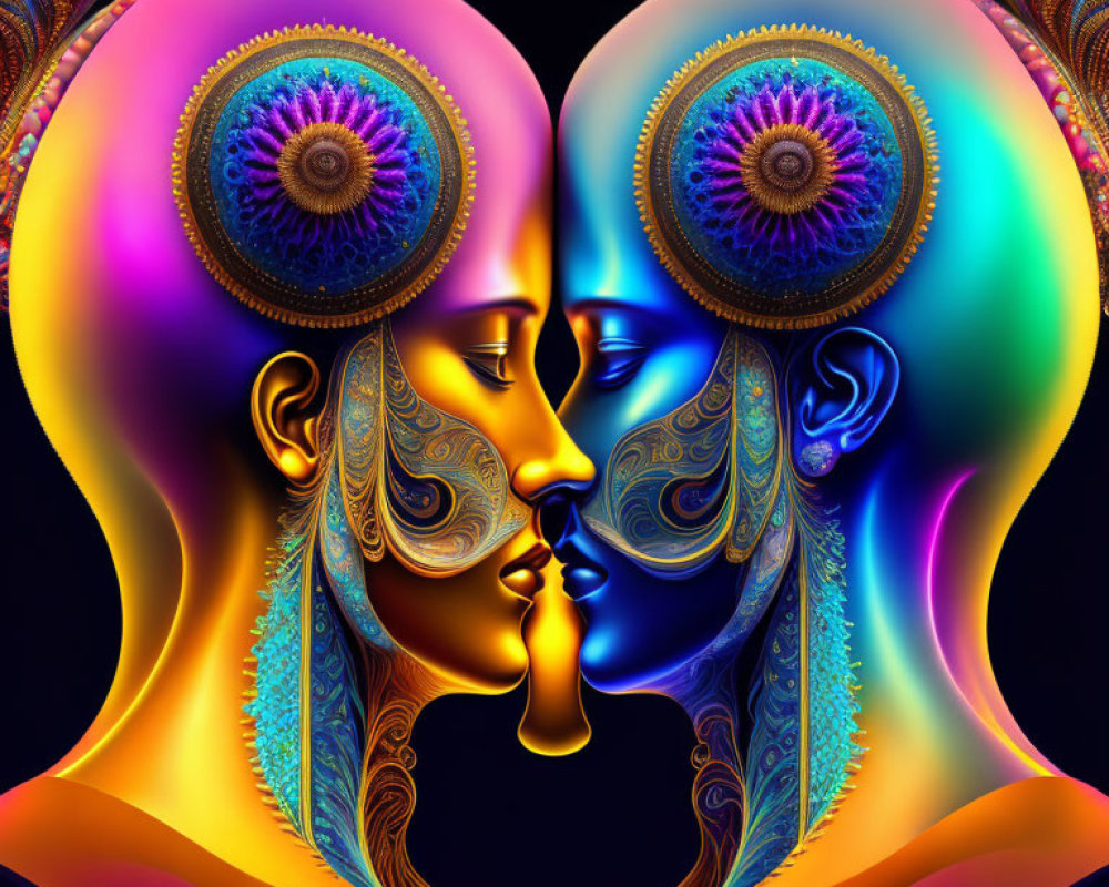 Colorful face-to-face profiles with peacock feather motifs on dark background