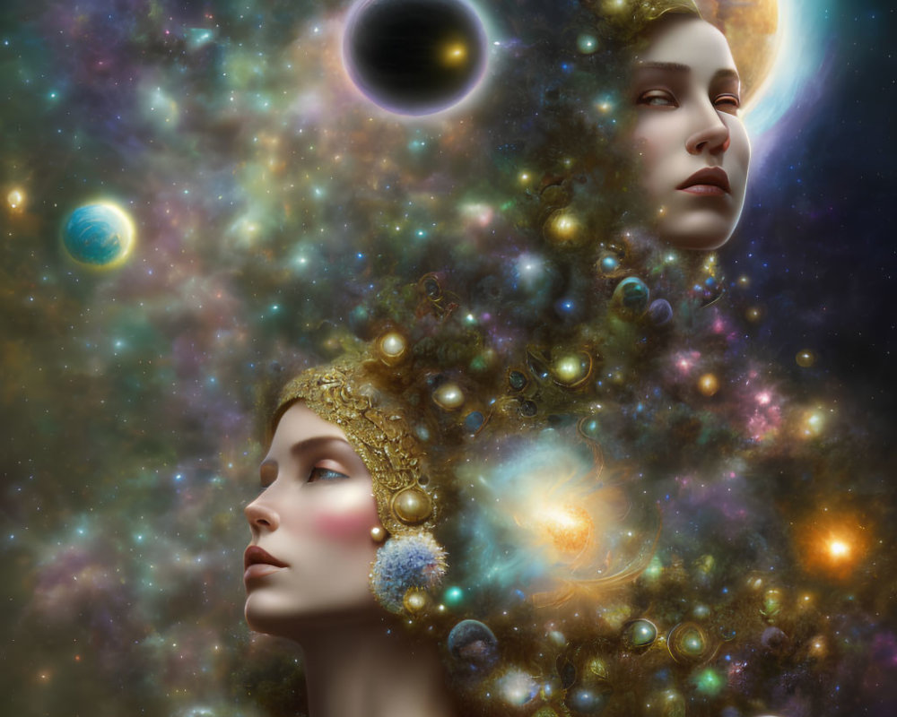 Ethereal faces in cosmic backdrop with stars and nebulae