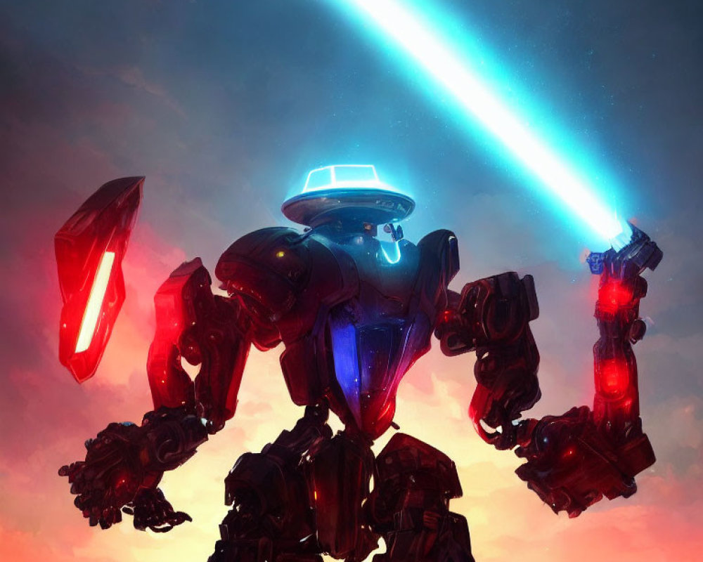 Glowing red joints robot with blue energy beam in dramatic sky