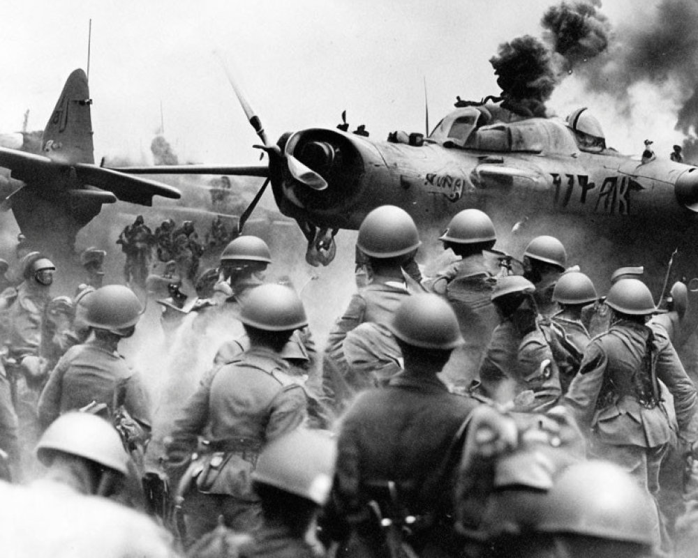 Vintage black and white photo of soldiers near "KUŃ" propeller plane in smoke