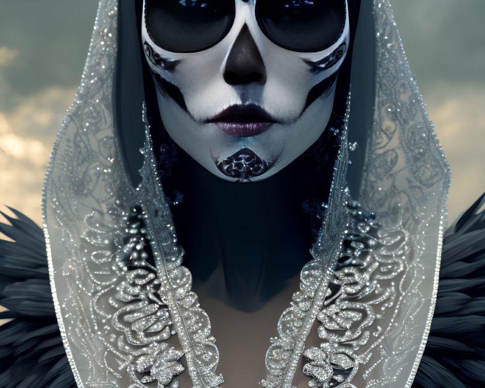 Elaborate Black and White Skull Makeup with Feathered Attire