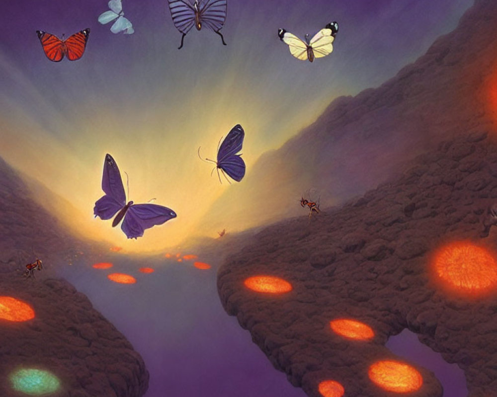 Fantasy landscape with glowing lava, purple haze, butterflies, and ants.