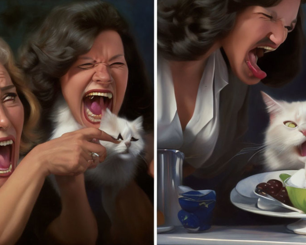 Two Women Laughing Next to Cat Mimicking Their Laughter