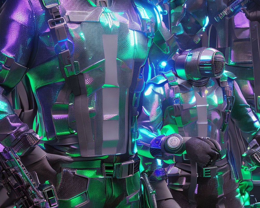 Detailed futuristic suit of armor with glowing green and blue lights and advanced weaponry