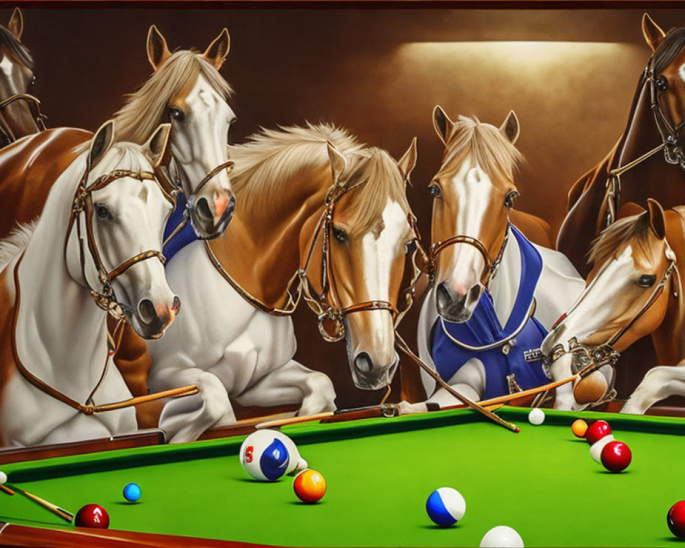 Illustration of seven expressive horses around billiards table