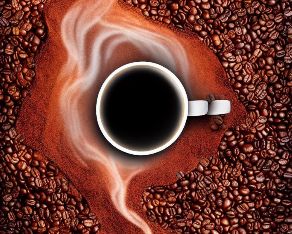 White coffee cup overflowing with black liquid amidst coffee beans