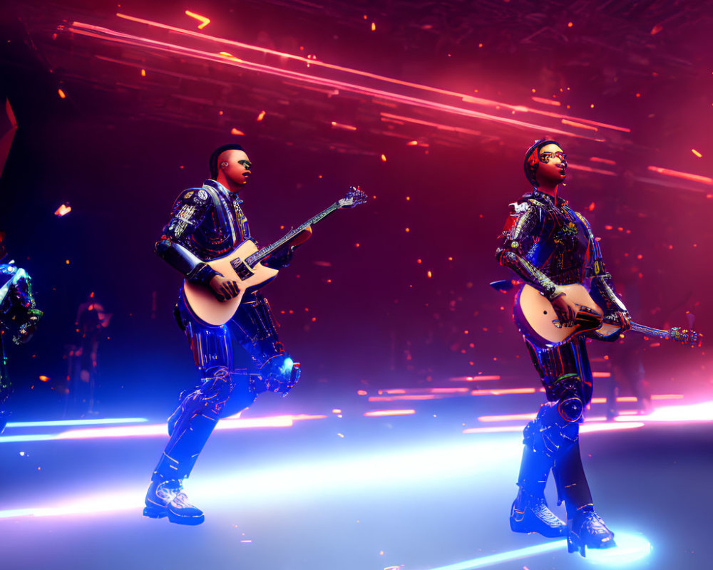 Futuristic musicians in illuminated costumes playing guitars on stage