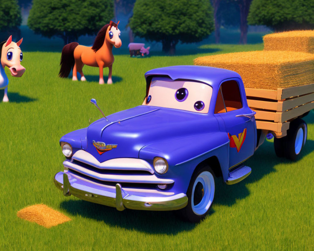 Blue Cartoon Pickup Truck Hauling Hay in Sunny Field with Cheerful Horses