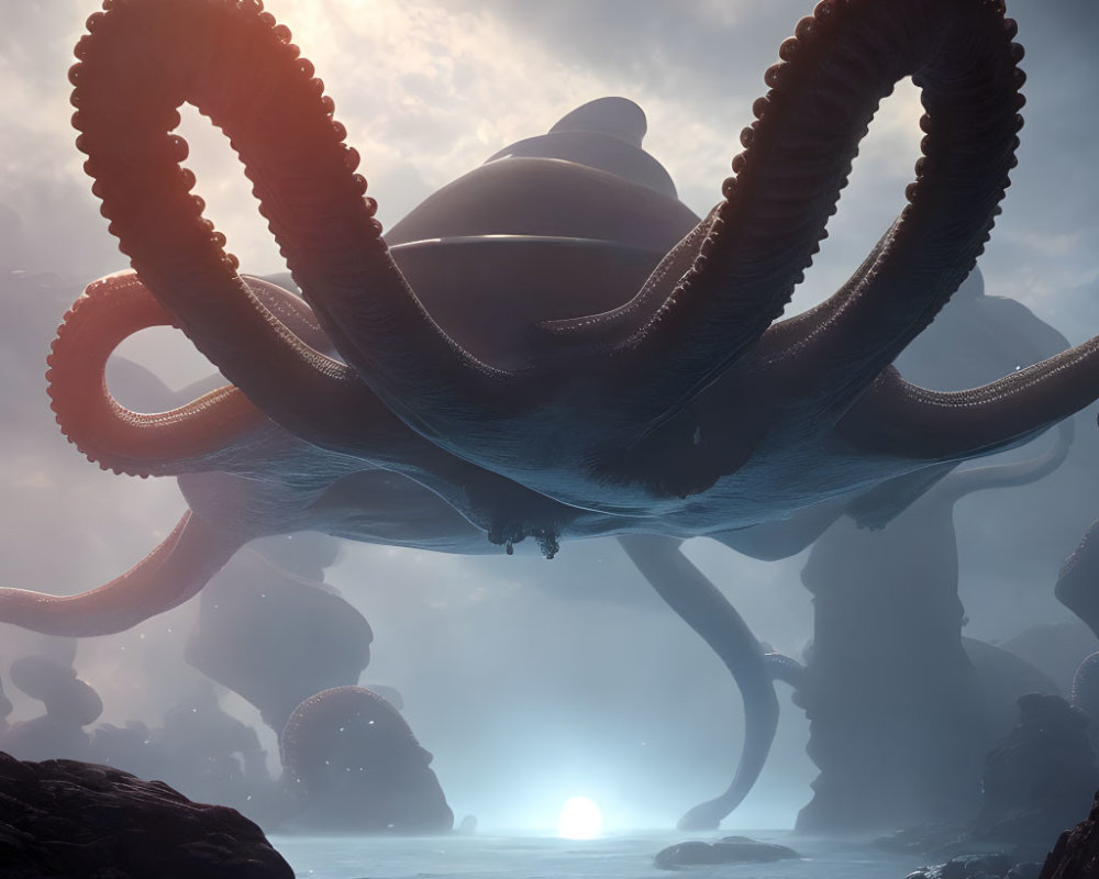 Giant Octopus Floating Above Mystical Landscape