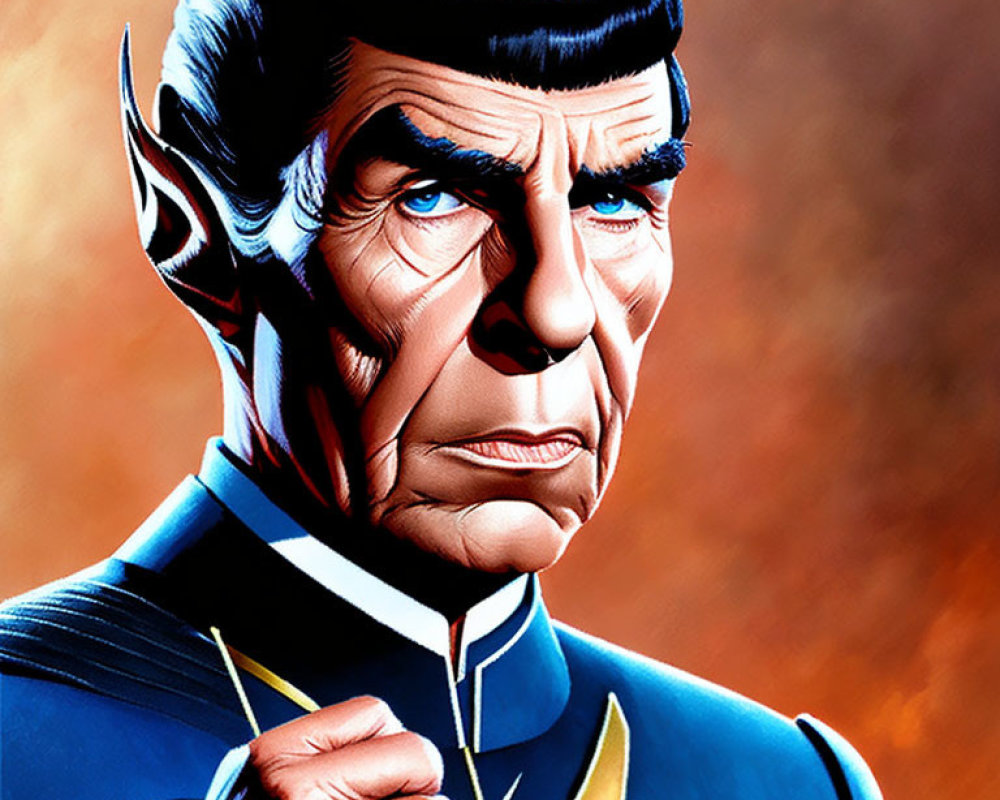 Male character with pointy ears in blue uniform and serious expression