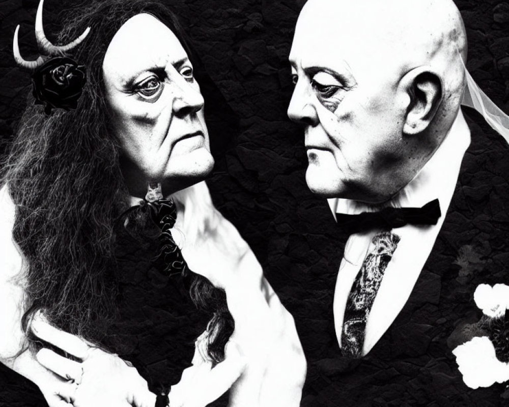 Theatrical makeup: horned figure and bald person with bow tie on black background