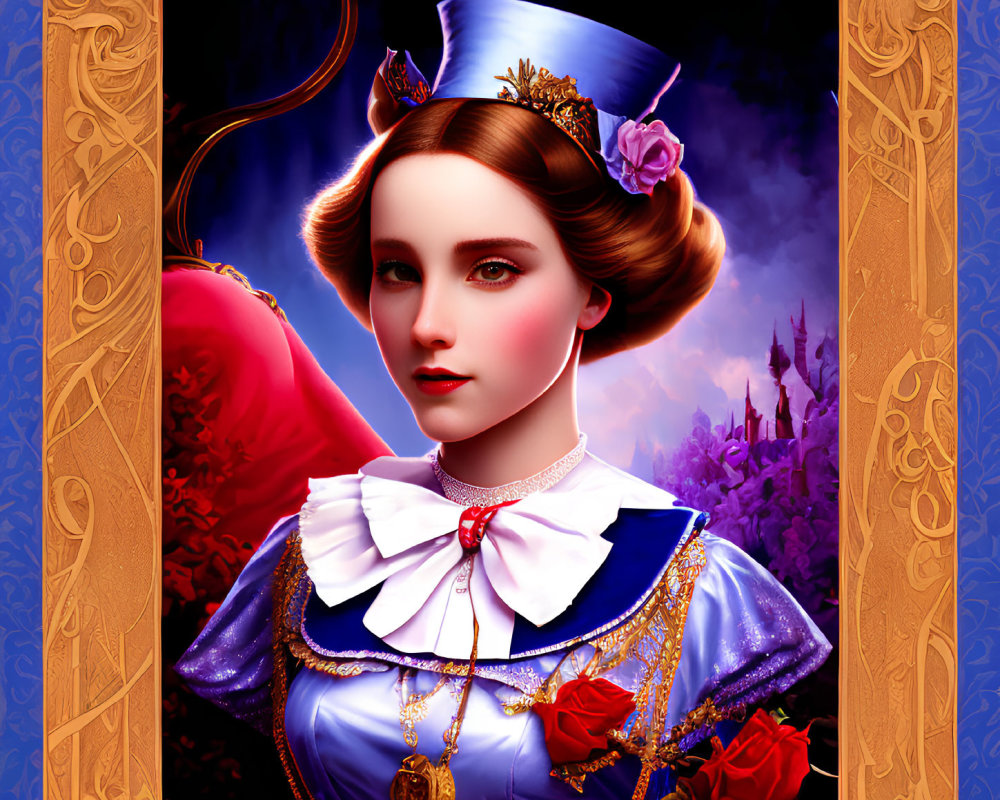 Stylized portrait of woman in blue and purple dress with castle backdrop