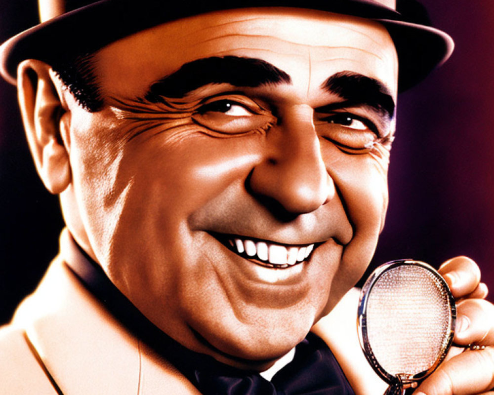 Smiling man in suit and hat with magnifying glass