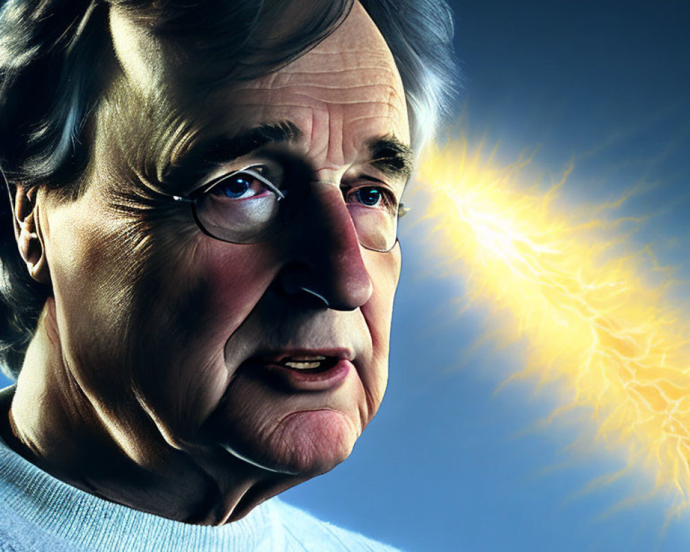 Illustrated portrait of older man with gray hair and concerned expression & burst of light.