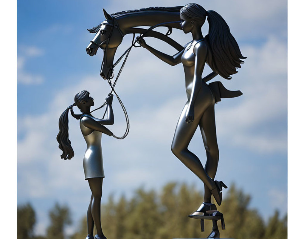 Stylized girl reaching horse under cloudy sky