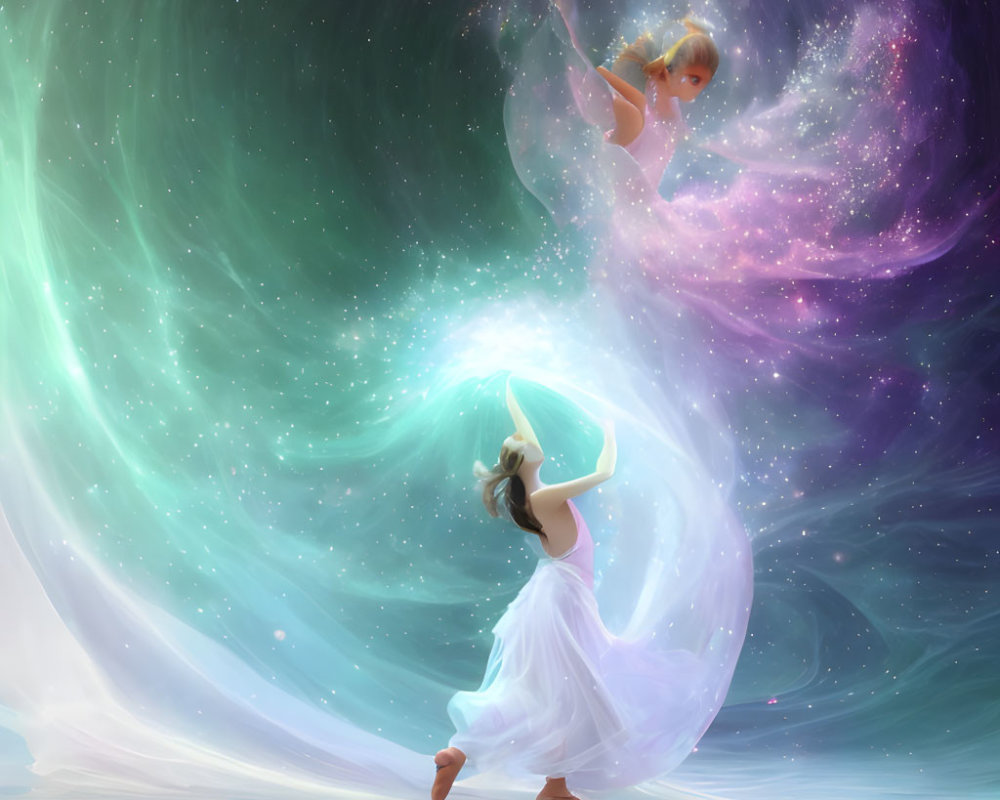 Graceful dancer in white dress under cosmic sky with winged fairy and celestial colors