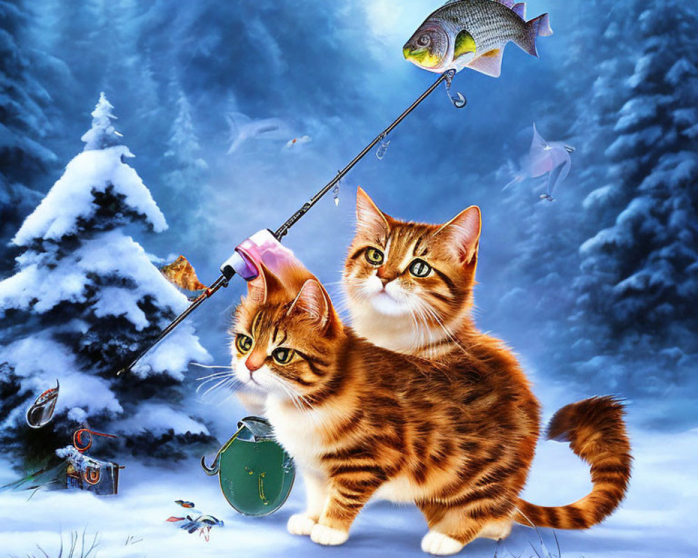 Illustrated cats fishing in snowy winter scene with floating fish.