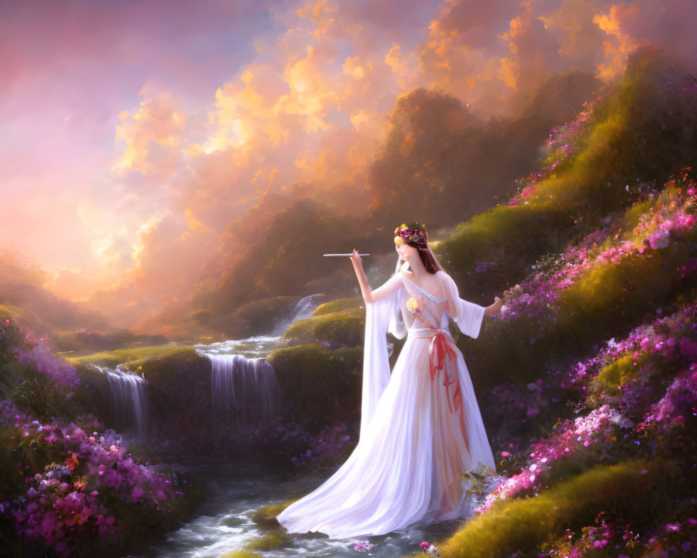 Woman in white gown with sword by stream in vibrant sunset landscape