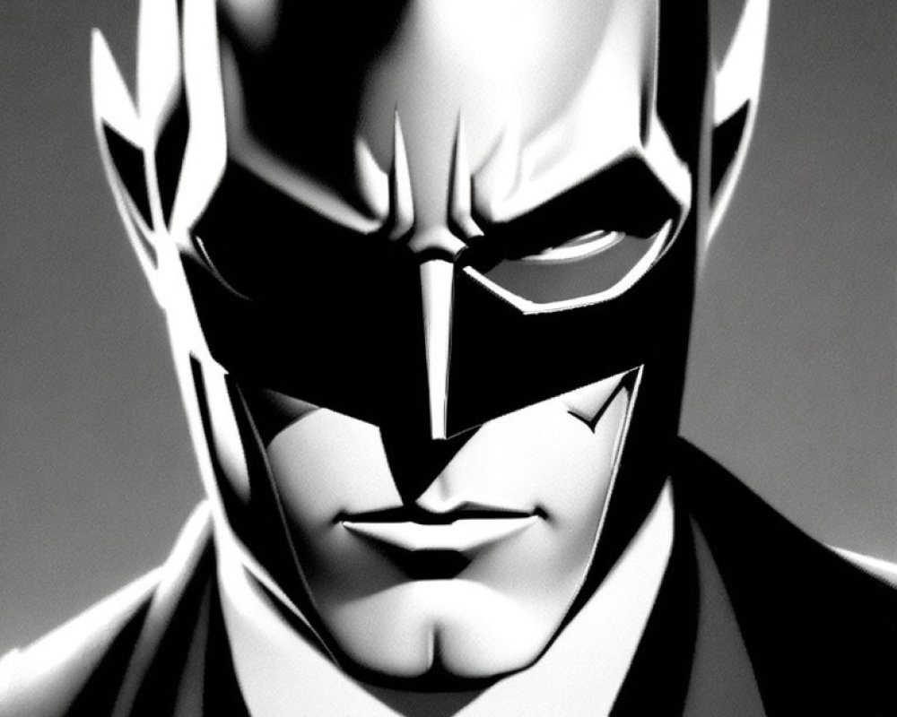 Stylized monochromatic Batman illustration with angular features