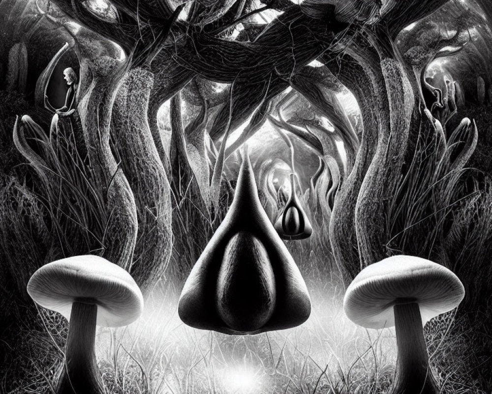 Monochromatic surreal forest with oversized mushrooms and twisted trees