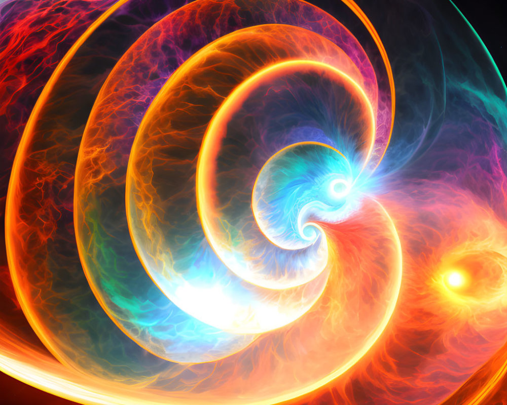 Colorful Fractal Spiral Illustration with Cosmic and Fiery Themes