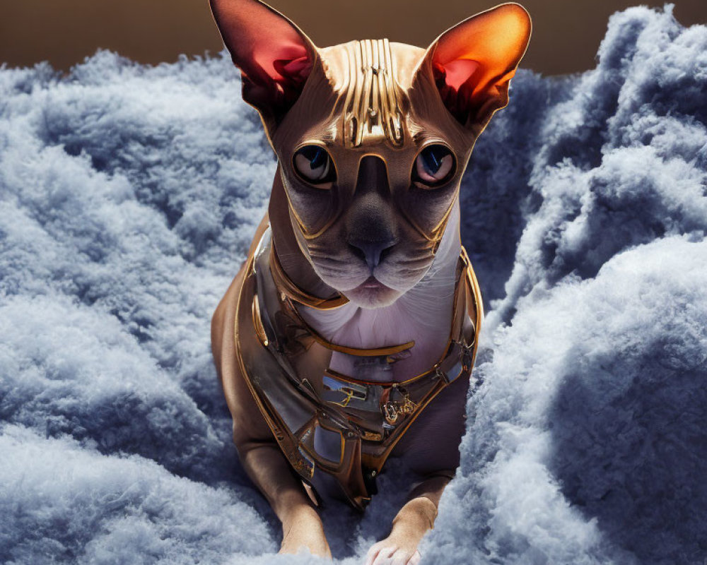 Hairless Sphynx Cat in Pharaoh Costume on Blue Fabric