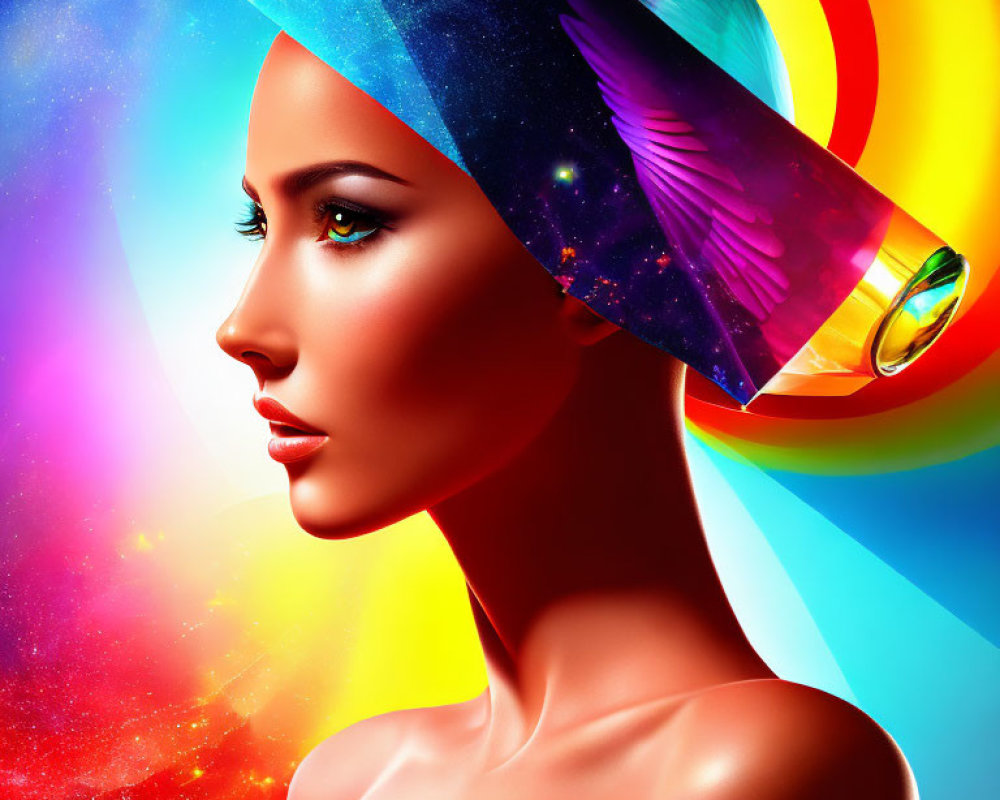 Colorful digital artwork of a woman with cosmic headdress on vibrant background