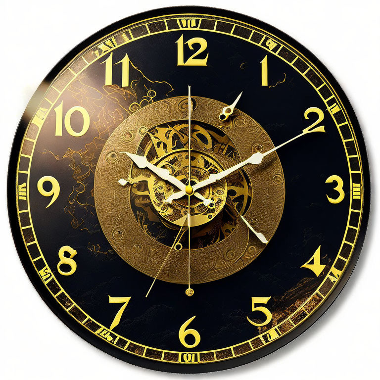 Black and Gold Wall Clock with Roman Numerals and Visible Gear Mechanisms