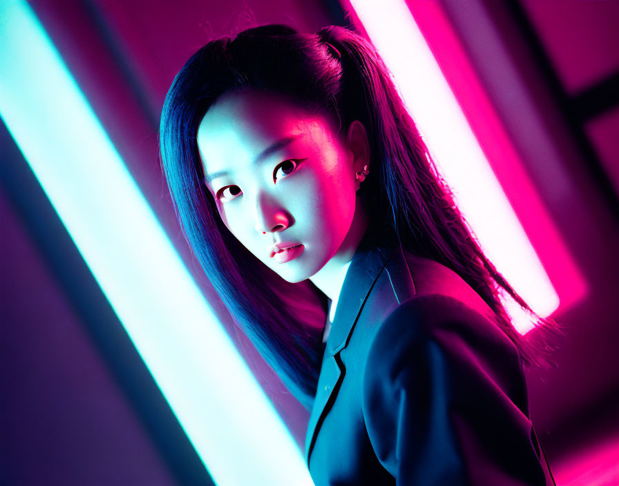 Serious woman under neon pink and blue lights in dark room