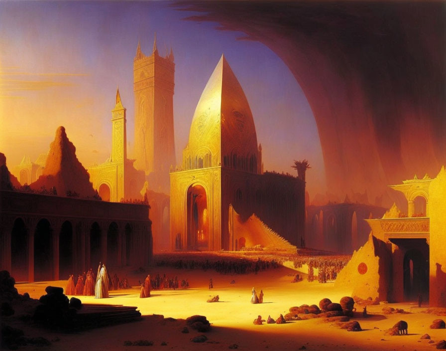 Golden desert cityscape at sunset with silhouetted figures and cavernous sky