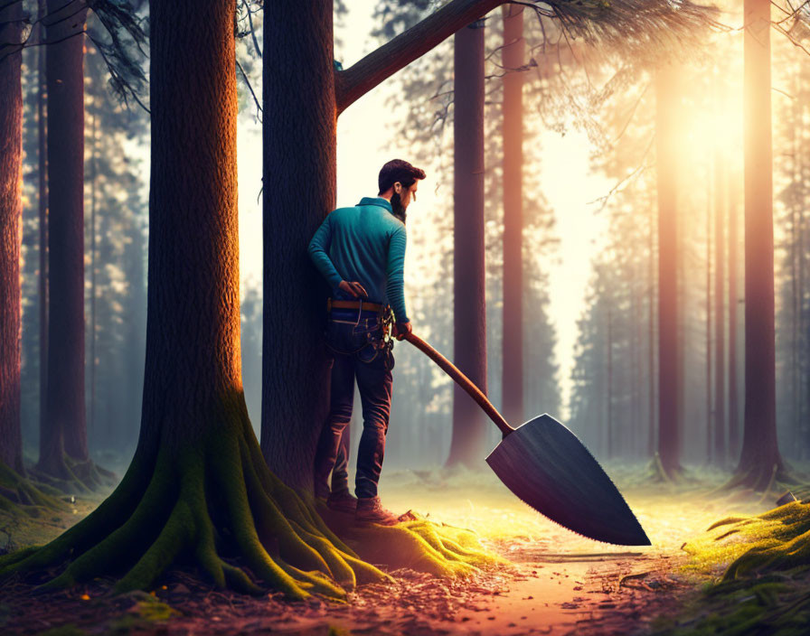 Man with a shovel in sunlit forest by tree