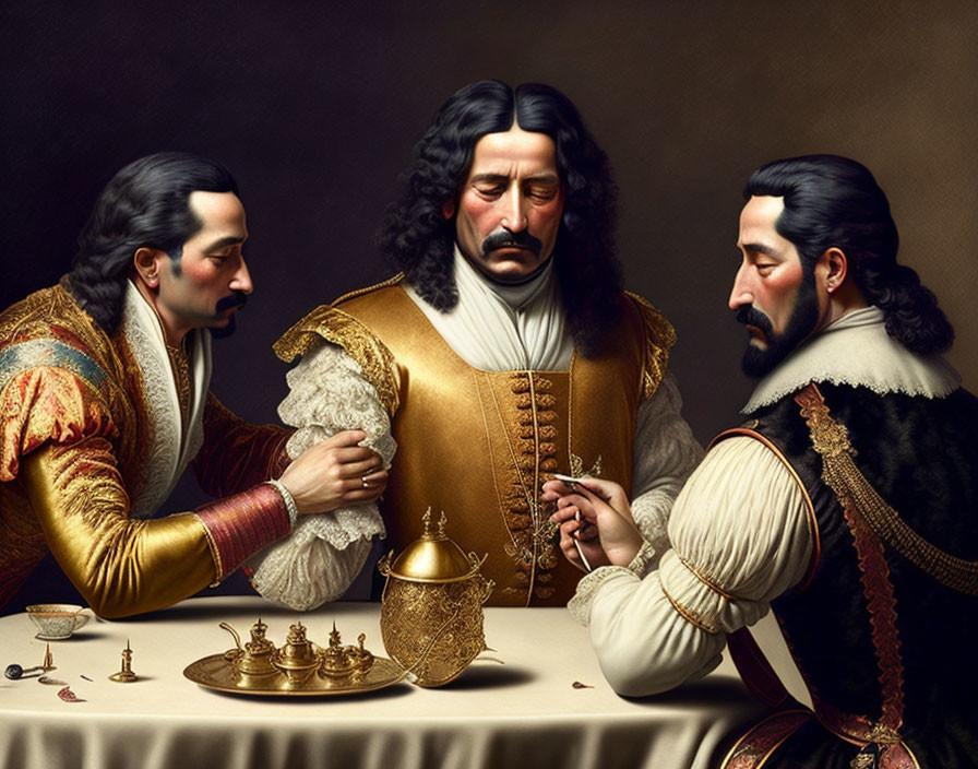 Three men in elaborate 17th-century attire with mustaches conversing around a table with golden gob