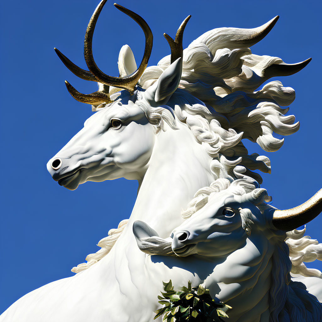 White and Gold Double Portrait of Majestic Animal Heads with Antlers on Blue Sky