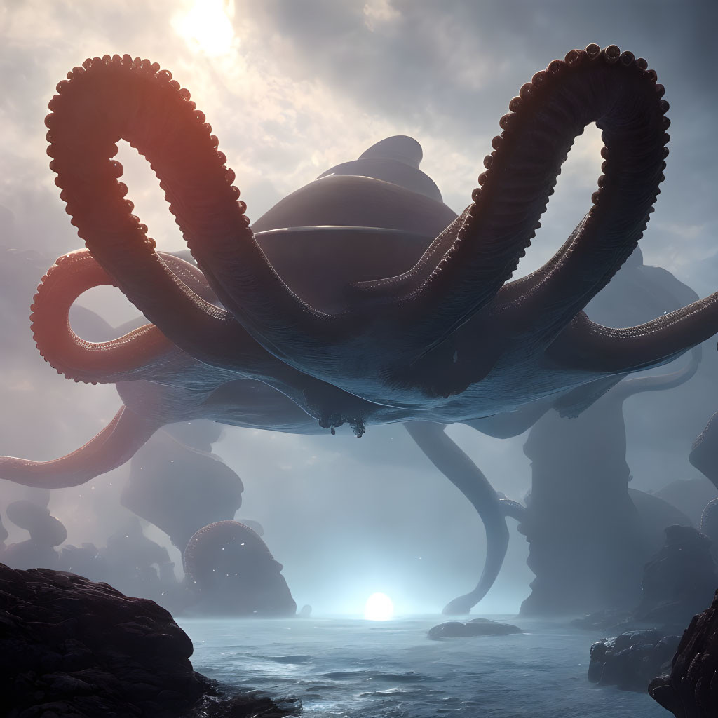 Giant Octopus Floating Above Mystical Landscape