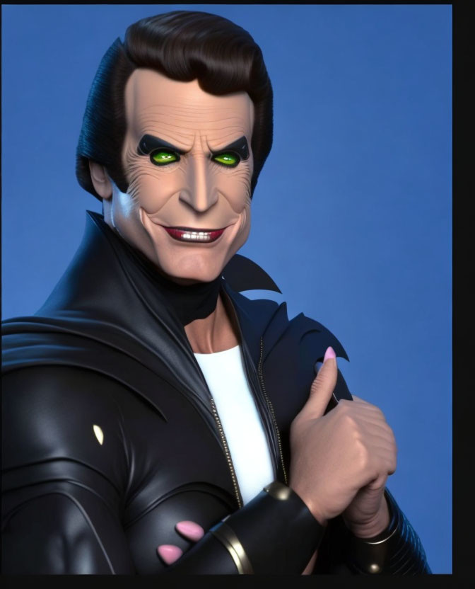 Stylized animated male character with large chin in black leather jacket