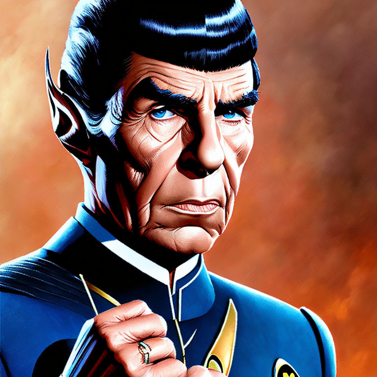 Male character with pointy ears in blue uniform and serious expression