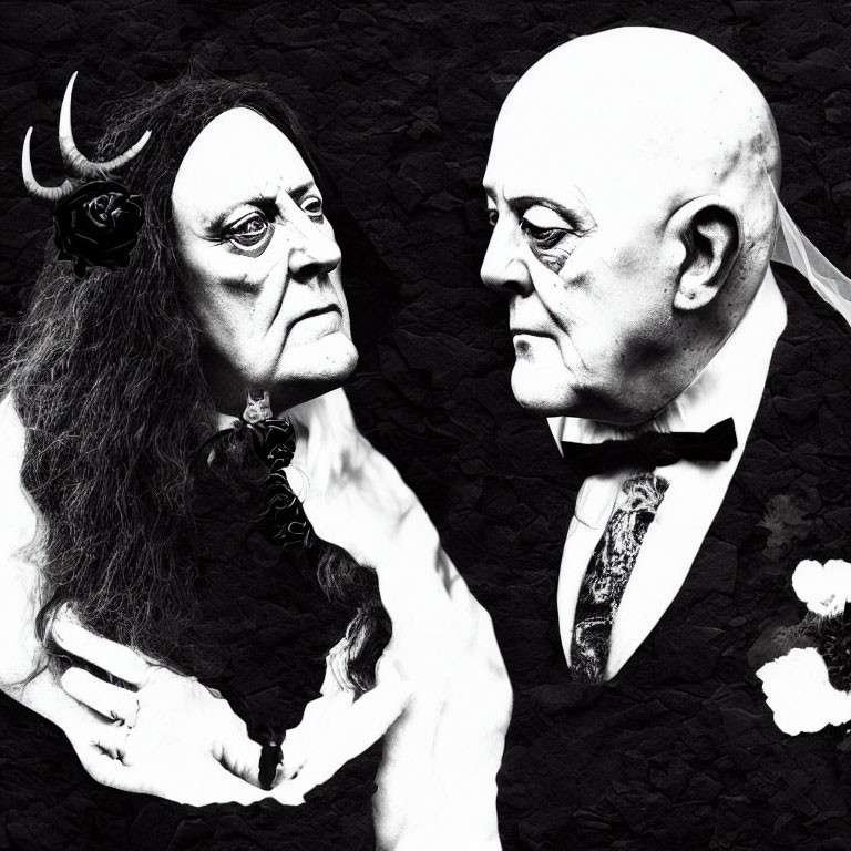 Theatrical makeup: horned figure and bald person with bow tie on black background