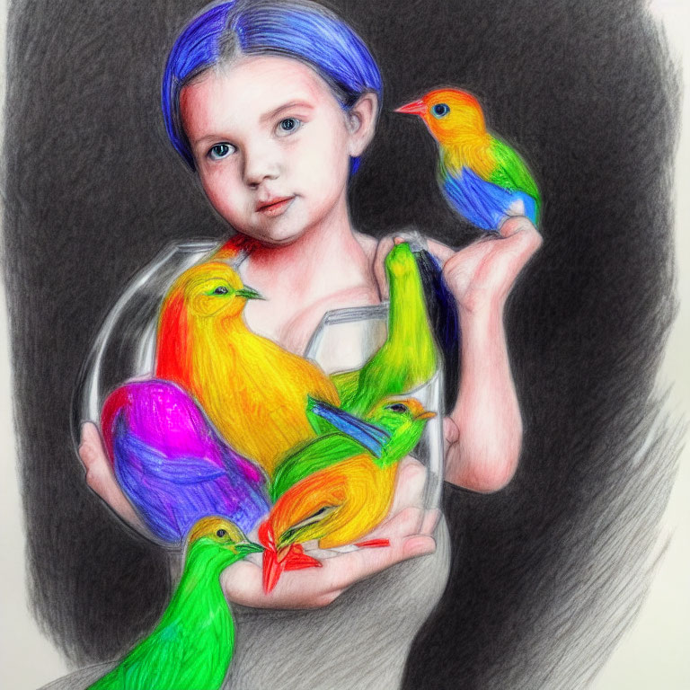 Illustration of girl with glass jar and colorful birds