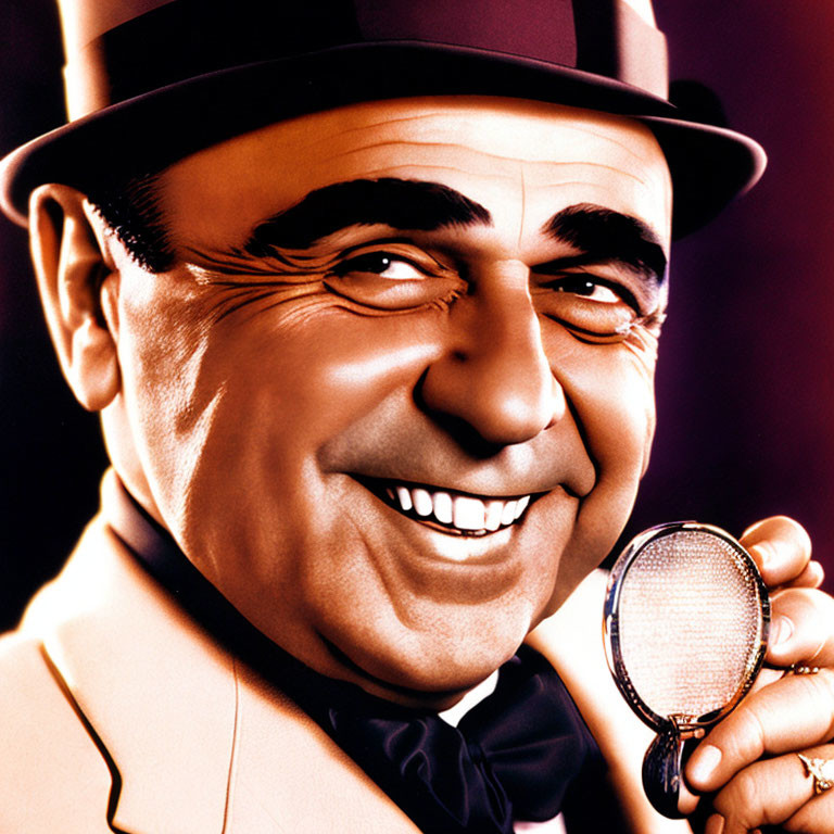 Smiling man in suit and hat with magnifying glass